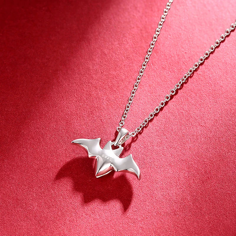 Silver 925 Red Crystal Bat Pendant Necklace for Women Girl Choker Chain Necklaces Halloween Cute Animal Accessories Party Gift