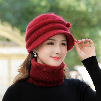 Women Winter Hat Keep Warm Cap Add Fur Lined CAPS And Scarf Set Warm For Female Casual Rabbit Fur Winter Knitted Bonnet