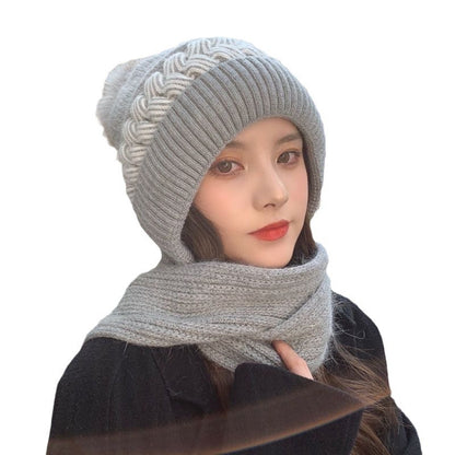 8PCS Hat Scarf All-in-one Female Winter Warm Rabbit Hair Knitted Cap Cycling Ear Protection Padded Cute Cold-proof Neck Cap