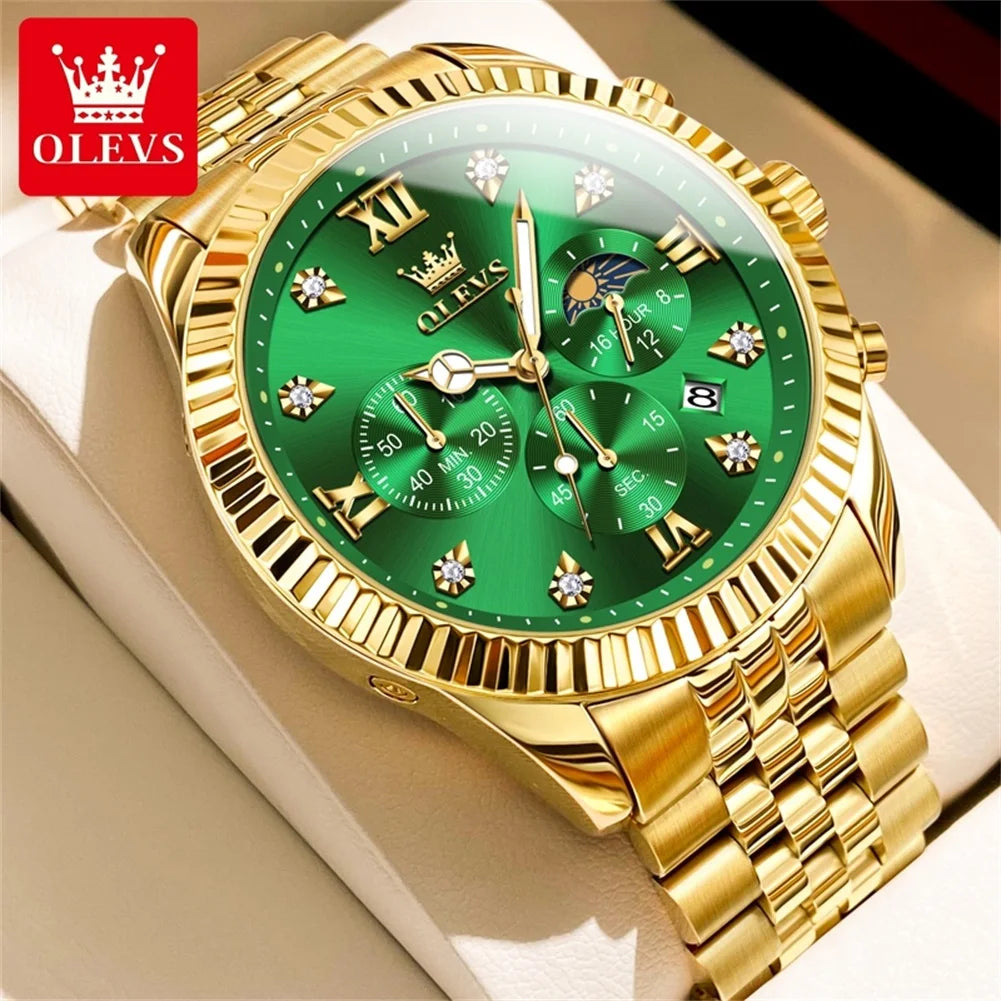 OLEVS High-end Original Replica Quartz Watches for Men Luxury Golden Stainless Steel Chronograph Moon Phase Waterproof Man Watch