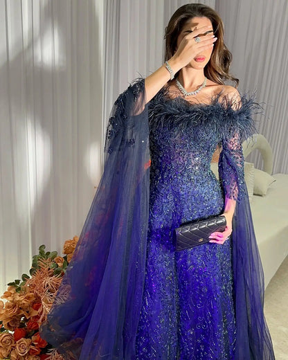 Sharon Said Off Shoulder Luxury Feather Brown Evening Dress with Cape Sleeve Navy Blue Women Wedding Party Gown SS135 Customized