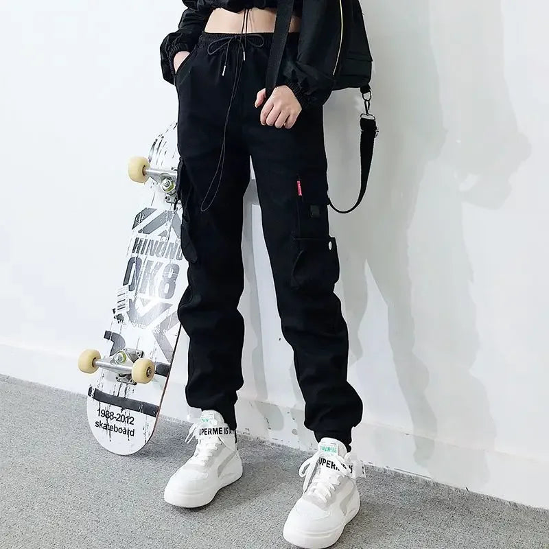 Y2K Black Cargo Pants for Women Hip Hop Big Pocket Joggers Sports Sweatpants Female Fashion Streetwear Casual Ankle Banded Pants