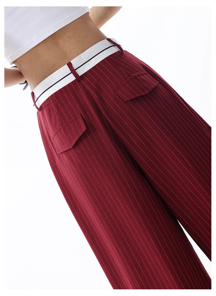 Korean Fashion Women Old Money Style Baggy Long Trousers Striped Vintage Irregular Design Loose Casual Pants 2000s Aesthetic New