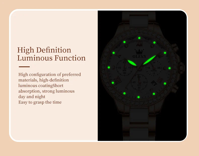 OLEVS Women's Watches Fashion Luxury Rhinestone luminous waterproof Bezel Ceramic Strap Quartz Women watch for Women Reloj mujer