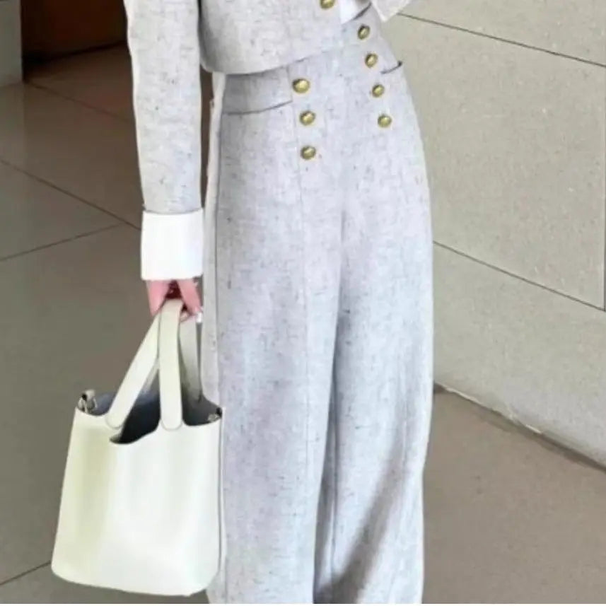 Women's Winter Fragrance Short Woolen Suit Wide-leg Pants Set Retro Casual Metal Button Crewneck Jacket Trousers Two-piece