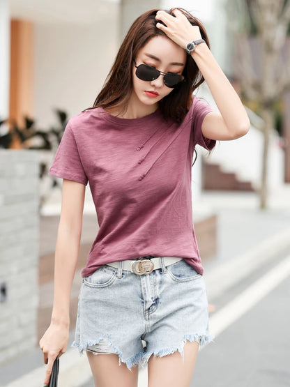 Summer Women Tee-Shirts Button Ribbed Cotton Top Loose Fashion T-shirts Women Streetwear Short Sleeve O-Neck Korean Tops