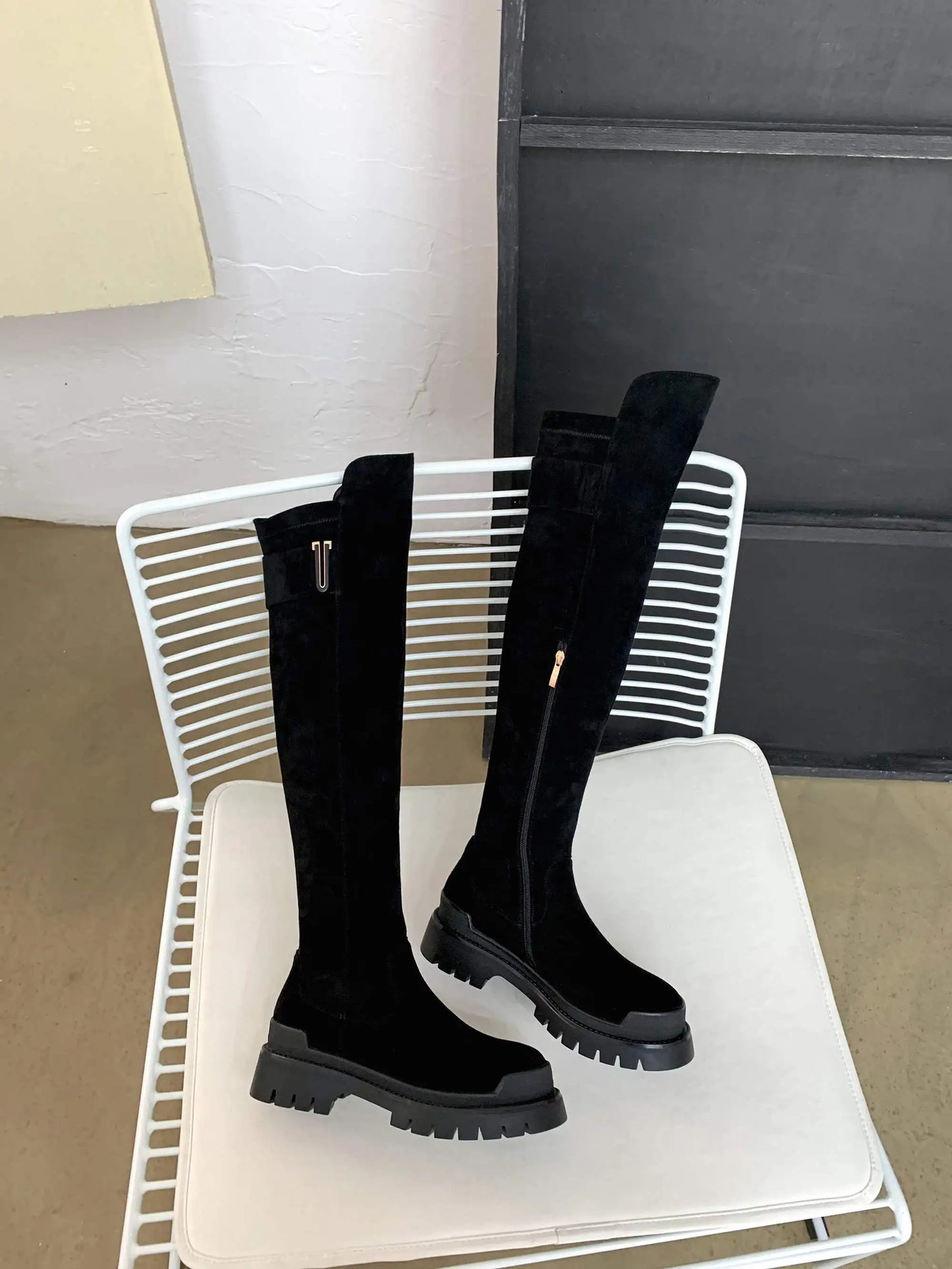 Krazing Pot High Quality Cow Leather Platform Thigh High Boots Round Toe Casual Winter Shoes Zip Dress Over The Knee Boots L92