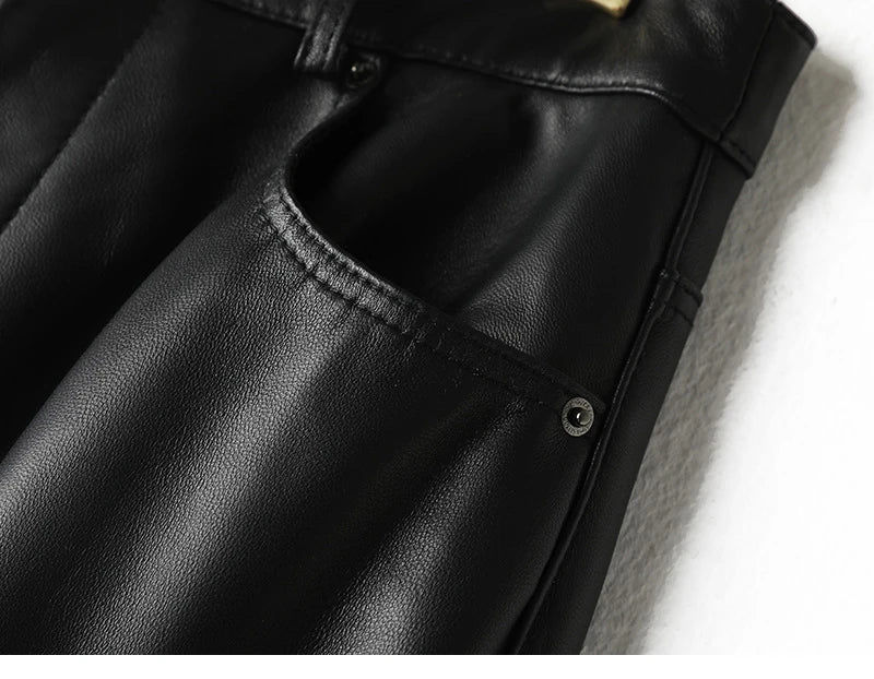 Women Leather Tight Trousers New Minimalist High Waisted Diagonal Pocket Long Pants Slim Straight Tube Pantalones Customer Color