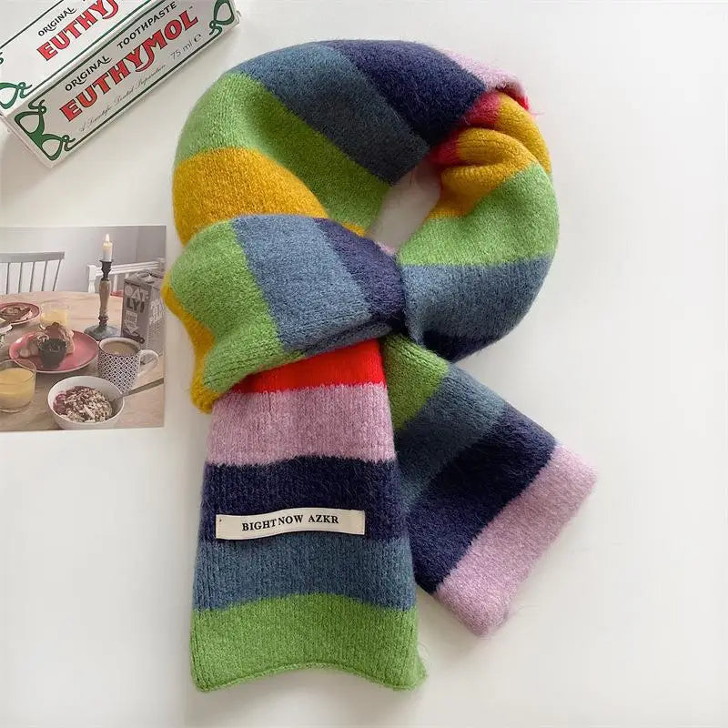 Rainbow Stripes Mohair Scarf Men And Women In Winter Colour Blocking Stripes Wool Short Scarf Students Warm Short Scarf