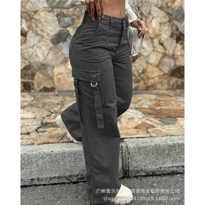 Wepbel Pocket Straight-Leg Overalls Pants 2023 Fashion Overalls Women Trousers Army Green Casual Patch Solid Color Cargo Pants