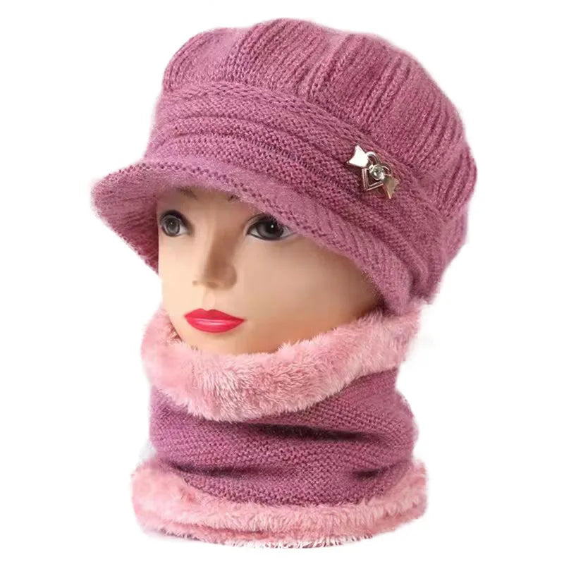 Knitted Hat Women Warm Winter Hats For Women Ladies Beanie Girls Skullies Femme SnapBack Warm Plush Hat Sombrero Mujer Scarf Set