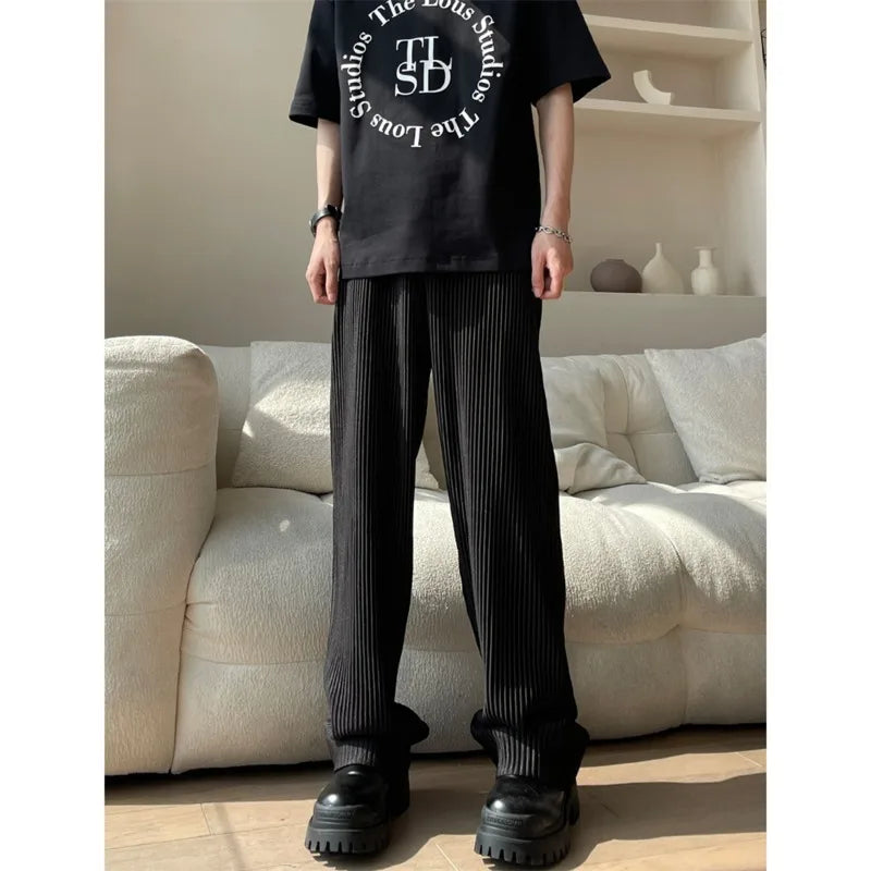 Summer Pleated Pants Men Oversized Fashion Casual Ice Silk Pants Men Streetwear Hip Hop Loose Wide Leg Pants Mens Trousers S-2XL