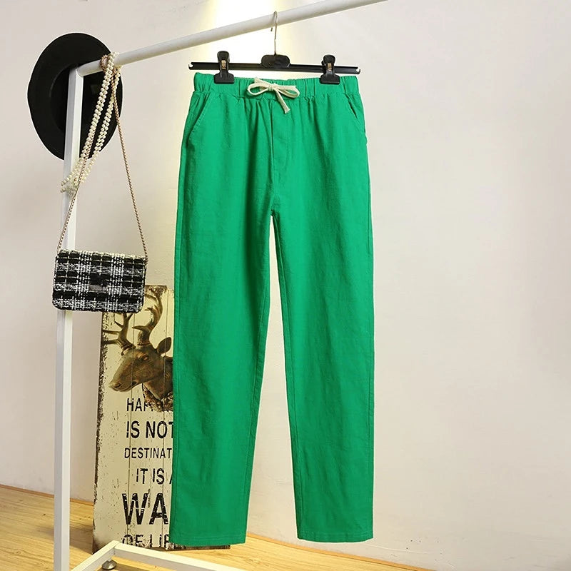 2023 Cotton Linen Women Pants Spring Summer Green Harem Pants Solid Elastic Waist Harem Trousers Soft High Quality Women's Pants