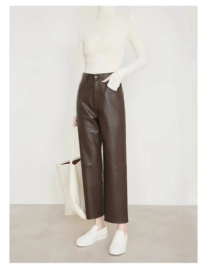 100% Leather Pants Women Autumn Winter Fashion Sheepskin High Waist  Slim French Baguette Pants Casual Straight Cropped Trousers