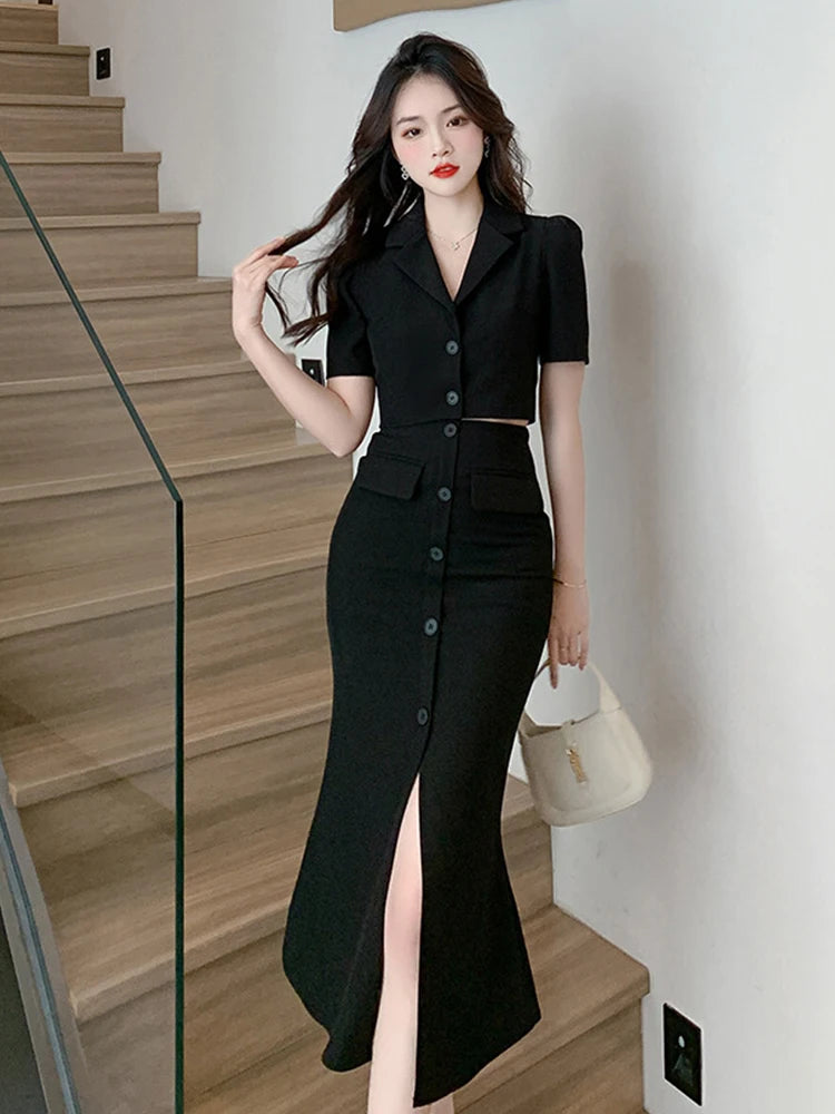 Elegant Formal 2 Pieces Outfits Women Professional Cropped Short Tops Shirt Blouse Slit Midi Skirt Sets Mujer Business Clothes