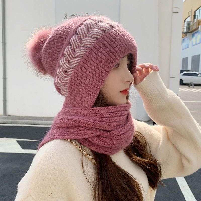 8PCS Hat Scarf All-in-one Female Winter Warm Rabbit Hair Knitted Cap Cycling Ear Protection Padded Cute Cold-proof Neck Cap