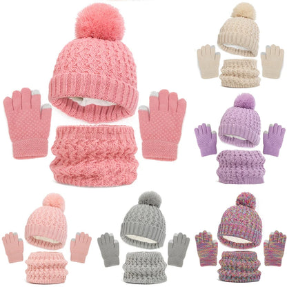 2023 Luxury Fashion Scarves Children Knitted Beanie Cap Cute Pompom Baby Hat Winter Hat Scarf and Gloves 3pcs Set For Girls Boy