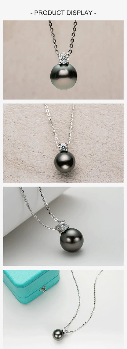 AnuJewel 9-10mm Natural Tahitian Black Pearl 0.3ct Moissanite Diamond Necklace 925 Sterling Silver Necklace Forman