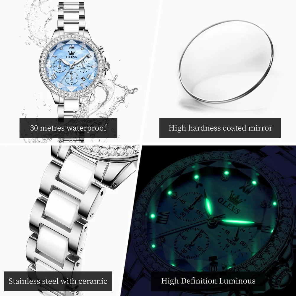 OLEVS Women's Watches Fashion Luxury Rhinestone luminous waterproof Bezel Ceramic Strap Quartz Women watch for Women Reloj mujer