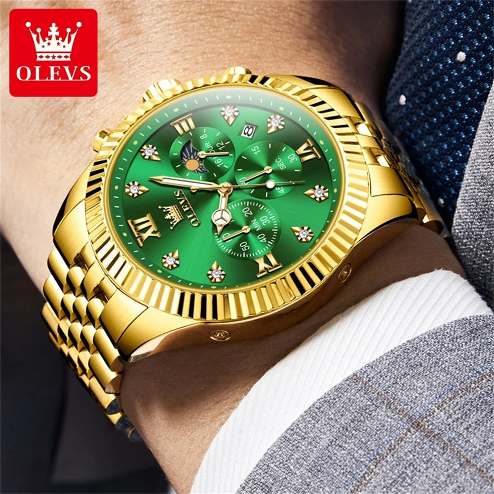 OLEVS High-end Original Replica Quartz Watches for Men Luxury Golden Stainless Steel Chronograph Moon Phase Waterproof Man Watch