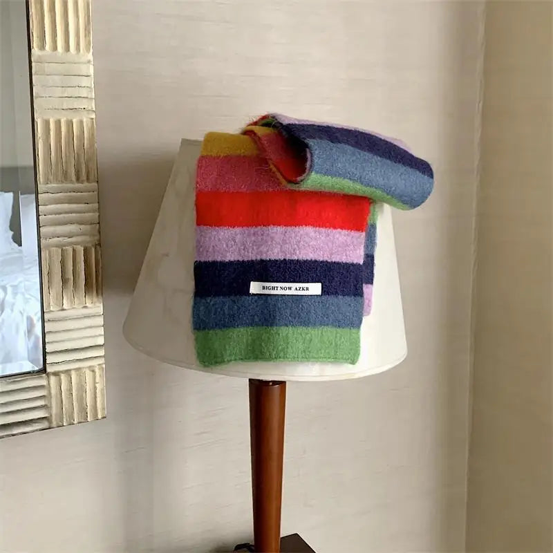 Rainbow Stripes Mohair Scarf Men And Women In Winter Colour Blocking Stripes Wool Short Scarf Students Warm Short Scarf