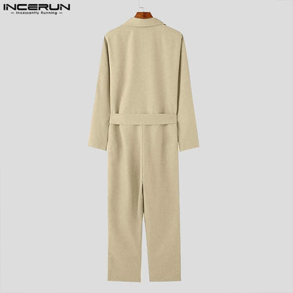 INCERUN 2024 American Style Fashion Jumpsuit Casual Men's Suit Neck Double Breasted Jumpsuits Long Sleeved Casual Rompers S-5XL