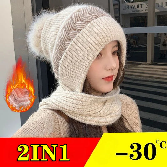 Hat Scarf All-in-one Female Winter Warm Rabbit Hair Knitted Cap Cycling Ear Protection Padded Cute Cold-proof Neck Cap