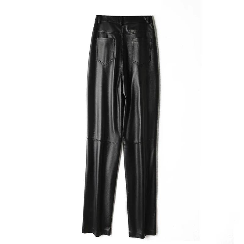 Women Leather Tight Trousers New Minimalist High Waisted Diagonal Pocket Long Pants Slim Straight Tube Pantalones Customer Color