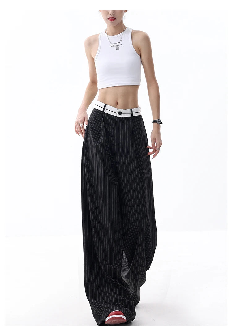 Korean Fashion Women Old Money Style Baggy Long Trousers Striped Vintage Irregular Design Loose Casual Pants 2000s Aesthetic New