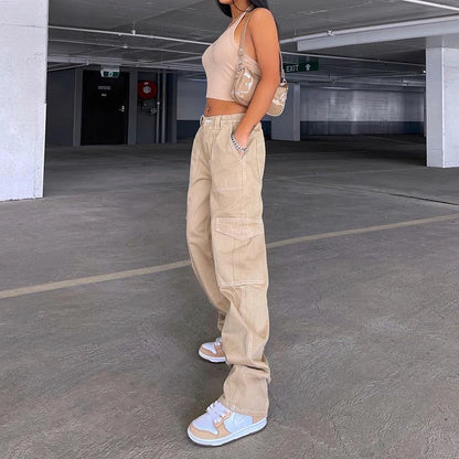 Women Solid Color Cargo Pants High Waist Straight-leg Buckle Jeans with Pockets Khaki Brown Baggy Casual Trousers