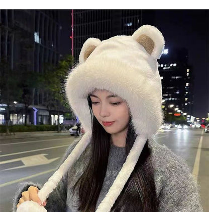 Winter Bear Plush Hat Outdoor Cycling Ear Protection Hat Thickened Warm Hat Casual Fleece Girls Hat Women's Warmth Essentials