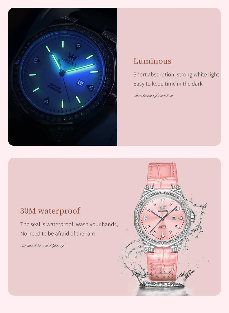 OLEVS 5606 Women's Watches Pink Watch Girl for Women Leather Strap Waterproof Full Diamond Bezel Elegant Ladies' Watches NEW