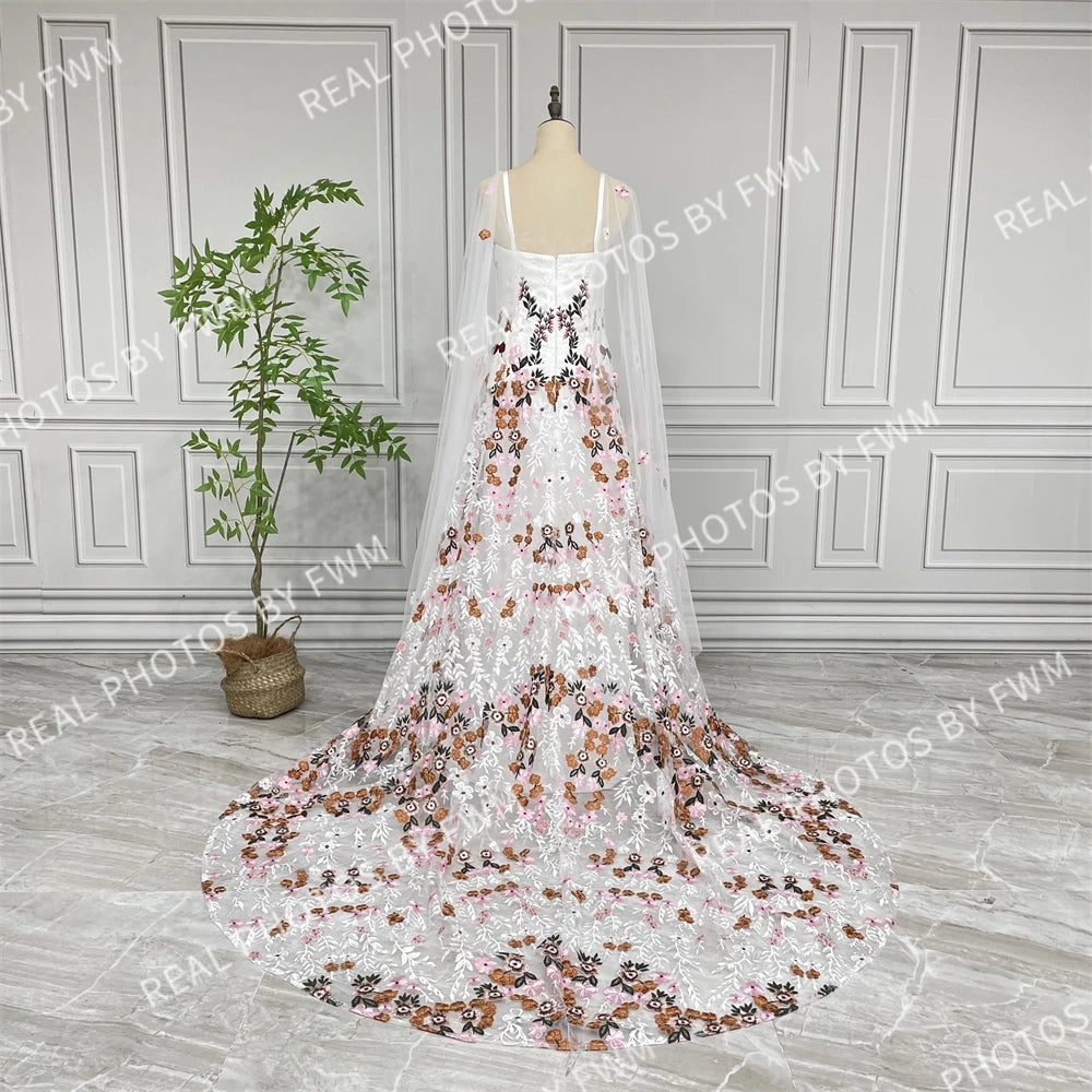 20058# Real Photos Colorful Flowers Embroidery Lace Wedding Dress Strapless Boho Low Back Customized Bridal Gown For Women 2024