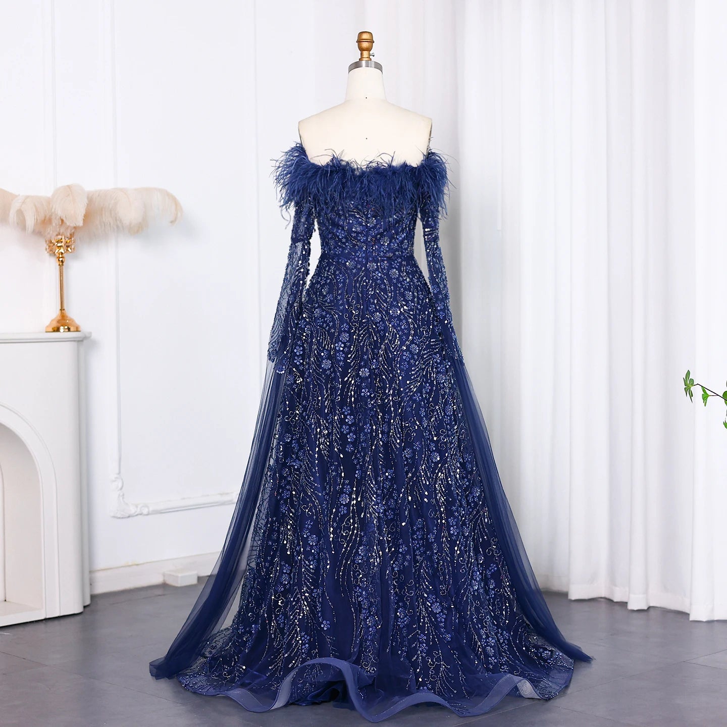 Sharon Said Off Shoulder Luxury Feather Brown Evening Dress with Cape Sleeve Navy Blue Women Wedding Party Gown SS135 Customized