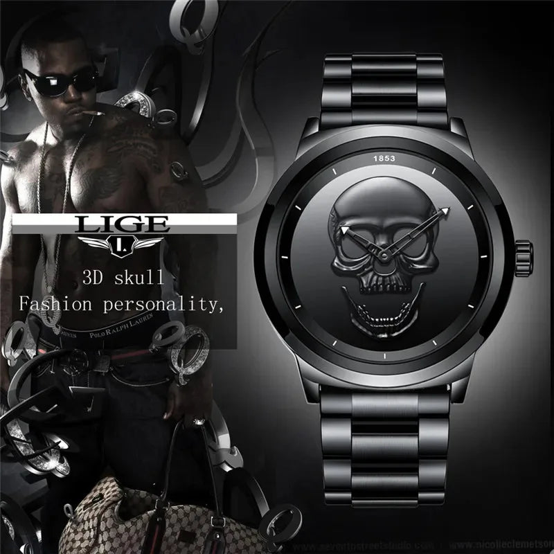 LIGE Top Brand 3D Skull Man Watch Fashion Creative Stainless Steel Quartz Watchs for Men Fashion Business Waterproof Male Clocks