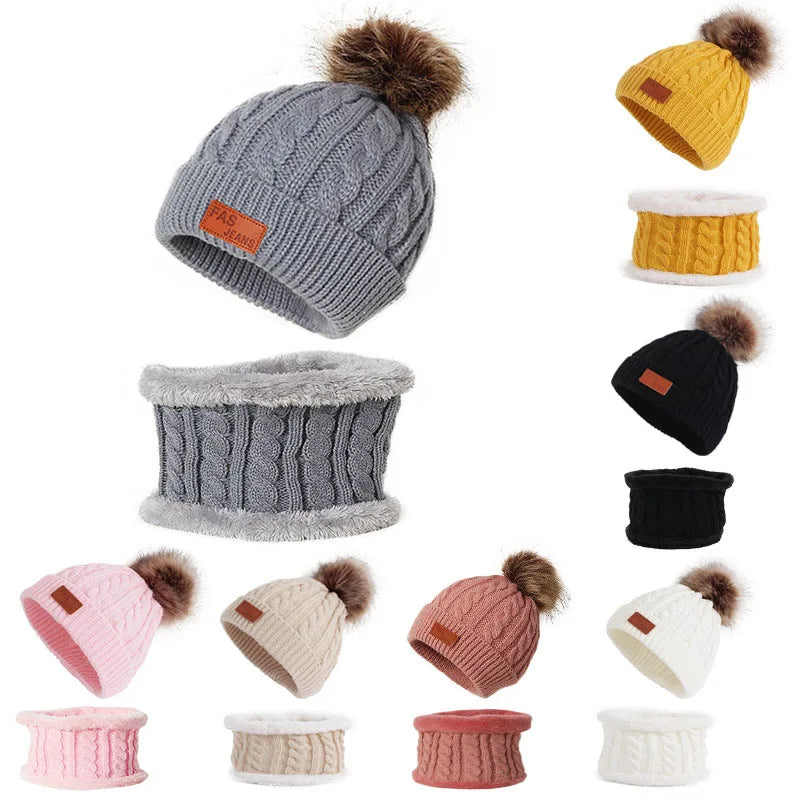 Hat Scarf Set Baby Beanies Cap Winter Kids Warm Suit For Girls Cute Hats Scarves Knitted Plush Children's Bonnet Christmas Gifts