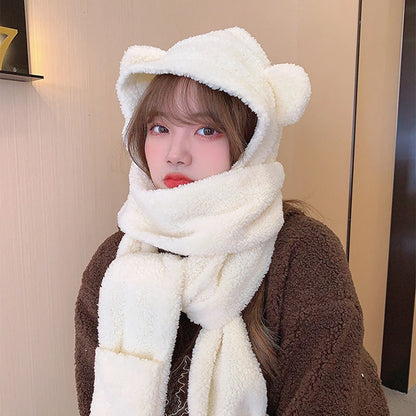 New Cute Bear Ear Hat Scarf Gloves Set Winter Women Beanies Caps Warm Casual Plush Hats Casual Solid Fleece Girl Kawaii Present