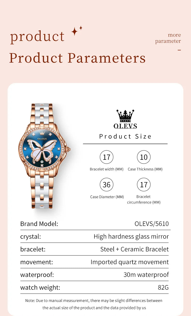 OLEVS Women's Watches Elegant Fashion Dress Original Quartz Wristwatch Butterfly Dial Ceramic Strap Waterproof Luminous Watch