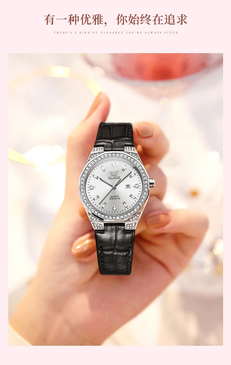 OLEVS 5606 Women's Watches Pink Watch Girl for Women Leather Strap Waterproof Full Diamond Bezel Elegant Ladies' Watches NEW