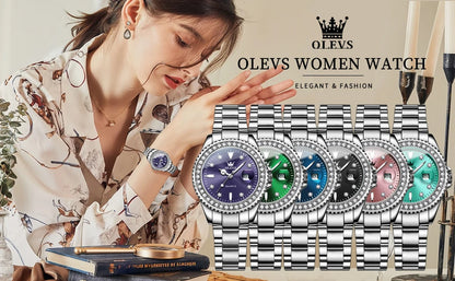 OLEVS Women's Watches Top Brand Original Quartz Ladies Watch Luxury Bezel Diamond Wristwatch Waterproof Enlarge Date Gift Set