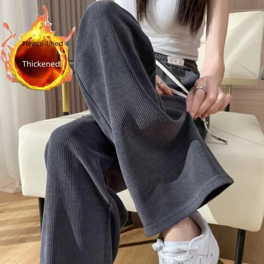 Autumn/winter Women's Chenille Bell Bottoms Fleece-lined Thickened For Petite Women Straight-leg Plus-size Pants