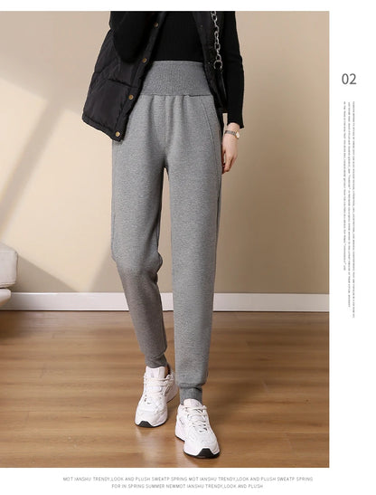 Women Pants Warm Winter Thick Lambskin Cashmere Pants High Waist Black Harem Long Trousers Wool Cold Resistant Pants PELEDRESSS