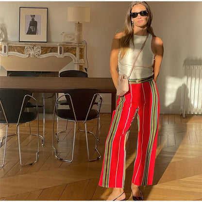 Women's Striped Straight Pants Colors Print Wide Trousers With Zipper Female Casual Pockets High Waist Pant 2024 New Commuting