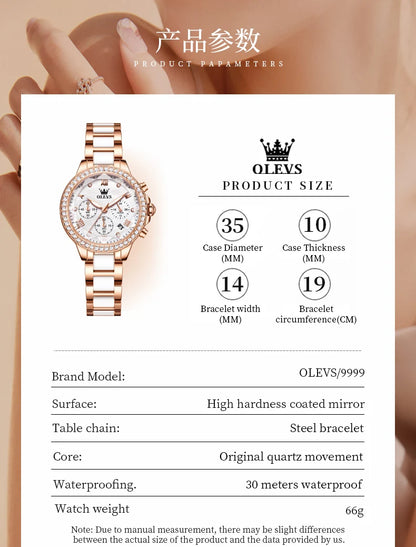 OLEVS Women's Watches Fashion Luxury Rhinestone luminous waterproof Bezel Ceramic Strap Quartz Women watch for Women Reloj mujer