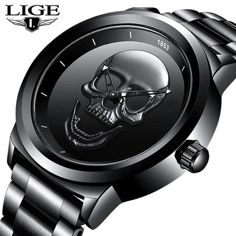 LIGE Top Brand 3D Skull Man Watch Fashion Creative Stainless Steel Quartz Watchs for Men Fashion Business Waterproof Male Clocks