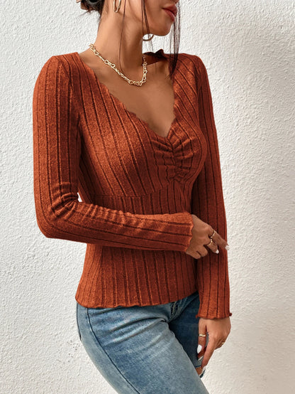 Fashion Women Autumn Simplicity Slim Solid Brown Color V-neck Long Sleeve Knitwear Ladies Office Lady Appear Thin Knitting Tops