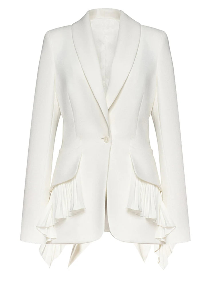 [EAM] Women White Irregular Pleated Ruffles Elegant Blazer New Lapel Long Sleeve Jacket Fashion Tide Spring Autumn 2024 1DH4840