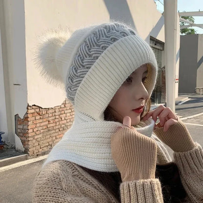 New Super Cute Warm Winter Scarf Hat Gloves with Fleece Thickened Ear Protection One-piece Knit Hat Are Windproof and Cold