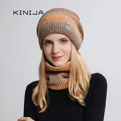 2021 New Women Winter Hat Gradient Striped Ski Hat Neck Warmer Female Tie Dye Beanie russia outdoor thicken plush Hat+Scarf Set