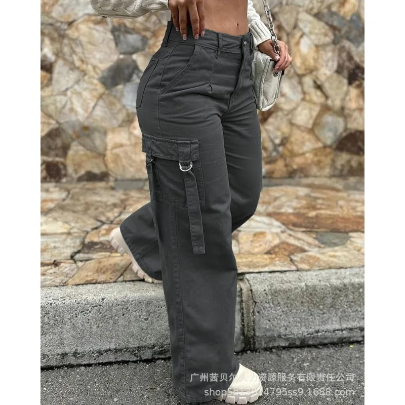 Wepbel Pocket Straight-Leg Overalls Pants 2023 Fashion Overalls Women Trousers Army Green Casual Patch Solid Color Cargo Pants